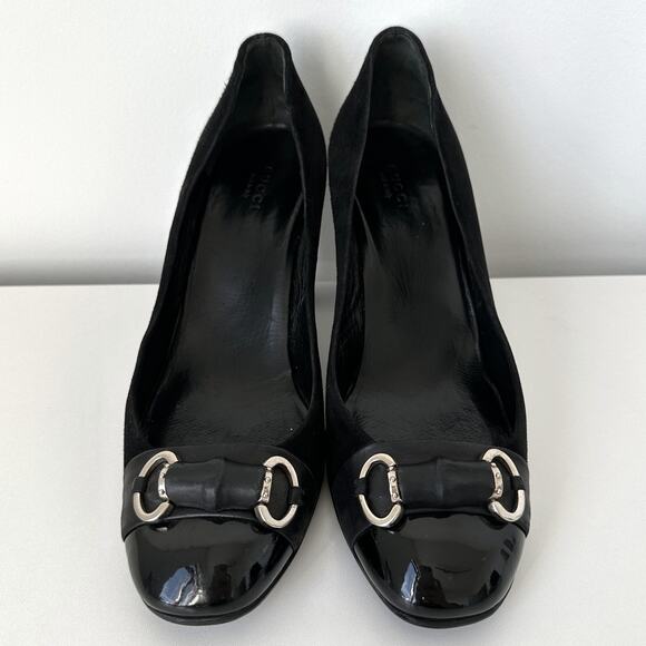 Gucci Classic Black Suede Pumps Bamboo Horsebit Cap Toe IT 39 - Picture 4 of 15